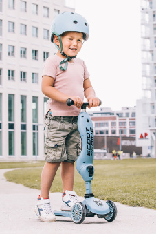 Детский шлем Scoot & Ride серо-синий с фонариком STEEL